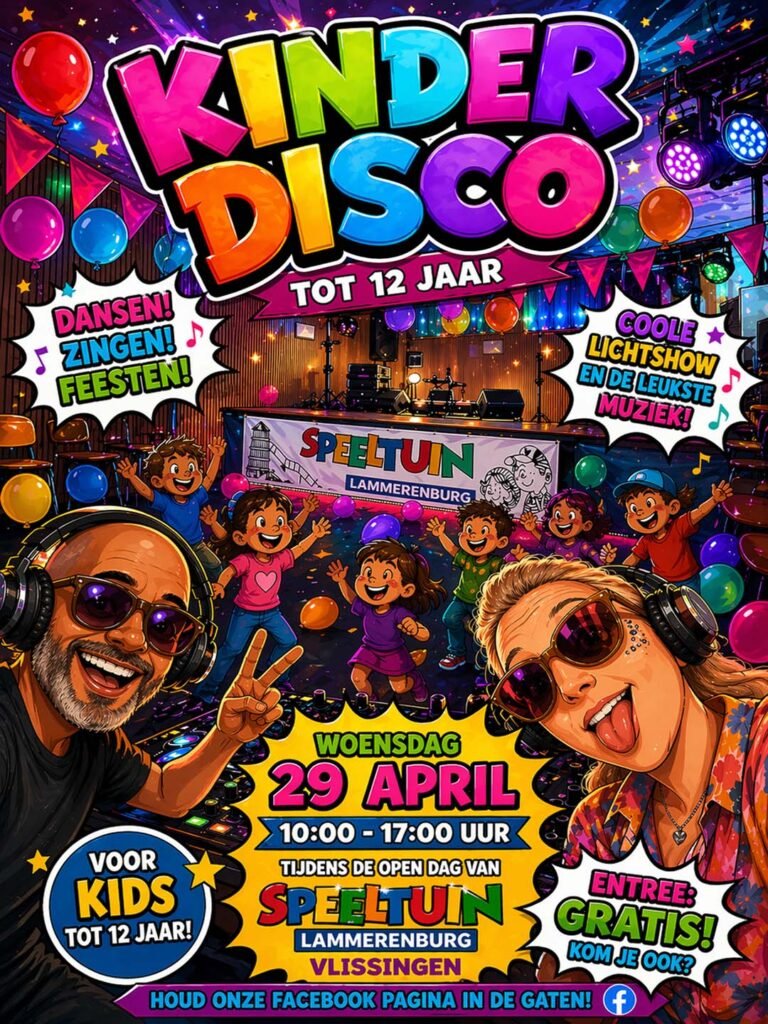 Een flyer met een uitnodiging voor de minidisco voor kinderen tot 12 jaar in Speeltuin Lammerenburg. De datum van het evenement is 29 april 2026.